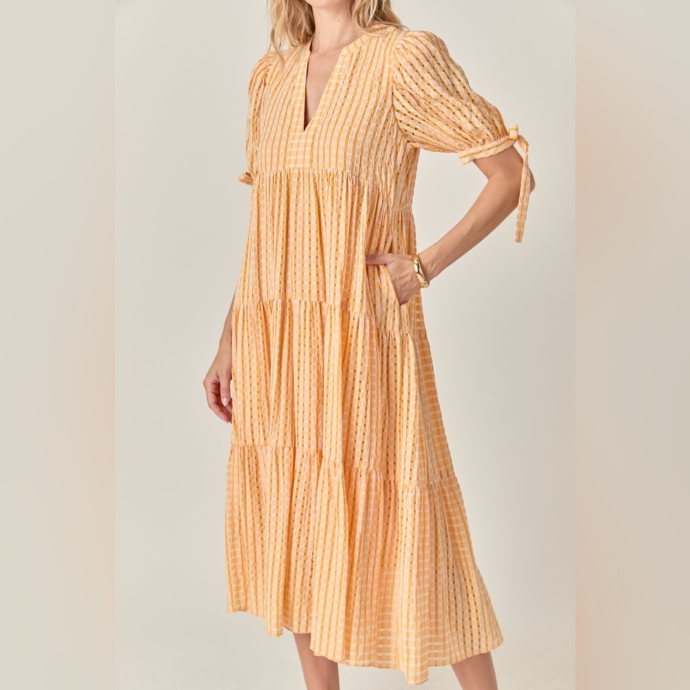 English factory Gingham Tiered Midi Dress Bow Tie Sleeves Orange XS pockets pink - Picture 4 of 14